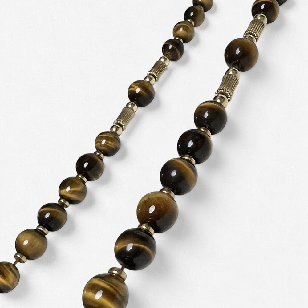 Tigers Eye Beaded Necklace Vintage Gold Tone Fluted Tube Spacers Retro 70s Boho - Picture 5 of 11